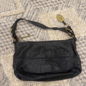 FOSSIL Vintage Y2K Classic Black Leather Shoulder Bag Handbag Purse with Charms